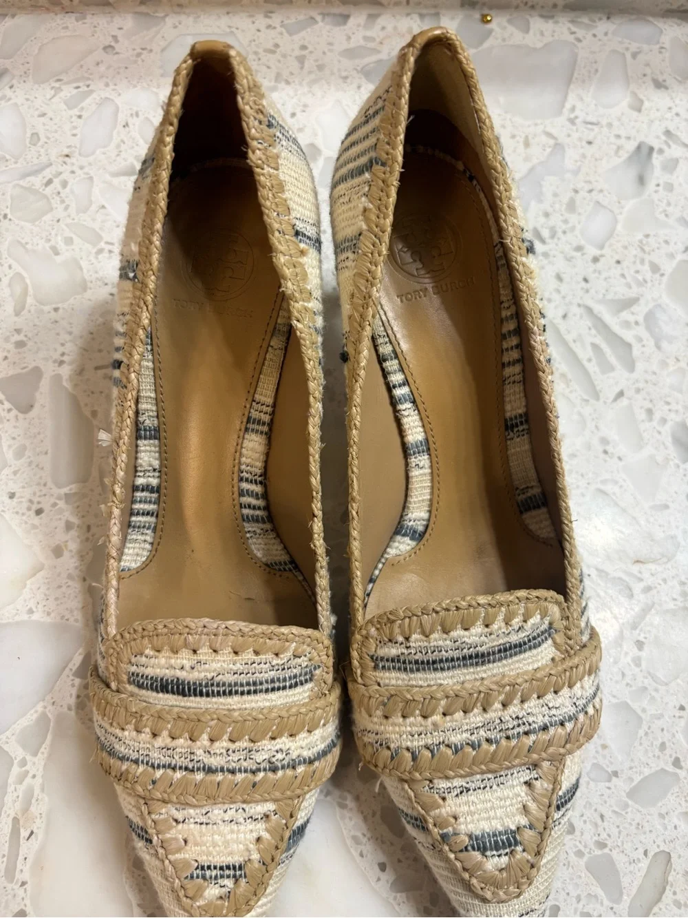 Tory Burch Beige Striped Raffia Pointed-Toe Flats